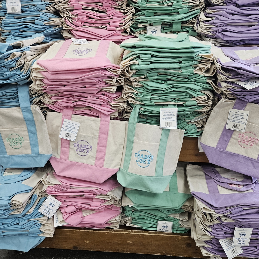 4 Pcs. Bundle Trader Joe's Canvas Shoulder Tote - Mint ,Blue, Lavender ,Pink.